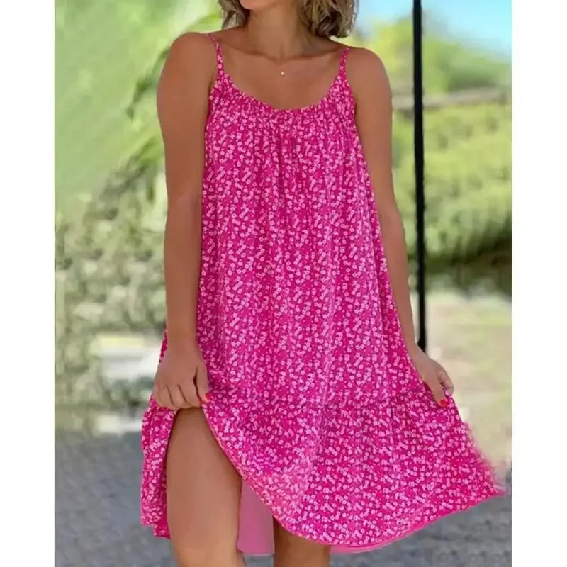 Women Floral Print Dress Elegant Casual Sexy Spaghetti Strap Party A-Line Sleeveless Mini Dresses Female Loose Beach Sundress