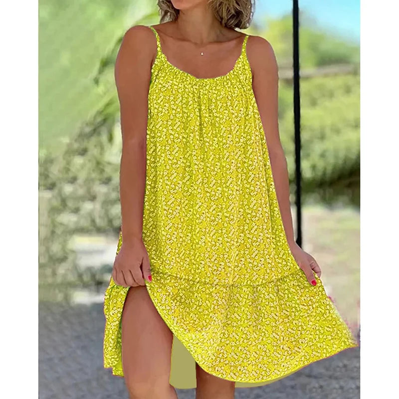 Women Floral Print Dress Elegant Casual Sexy Spaghetti Strap Party A-Line Sleeveless Mini Dresses Female Loose Beach Sundress