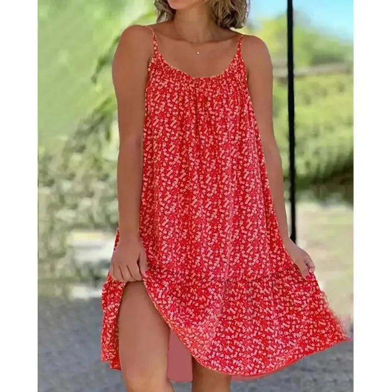 Women Floral Print Dress Elegant Casual Sexy Spaghetti Strap Party A-Line Sleeveless Mini Dresses Female Loose Beach Sundress