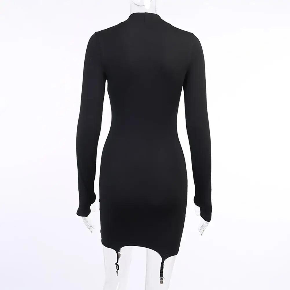 Women Sexy Dress Long Sleeve O-Neck Above Knee Dress Suspender Buckle Club Bodycon Mini Dress for Spring with Stockings