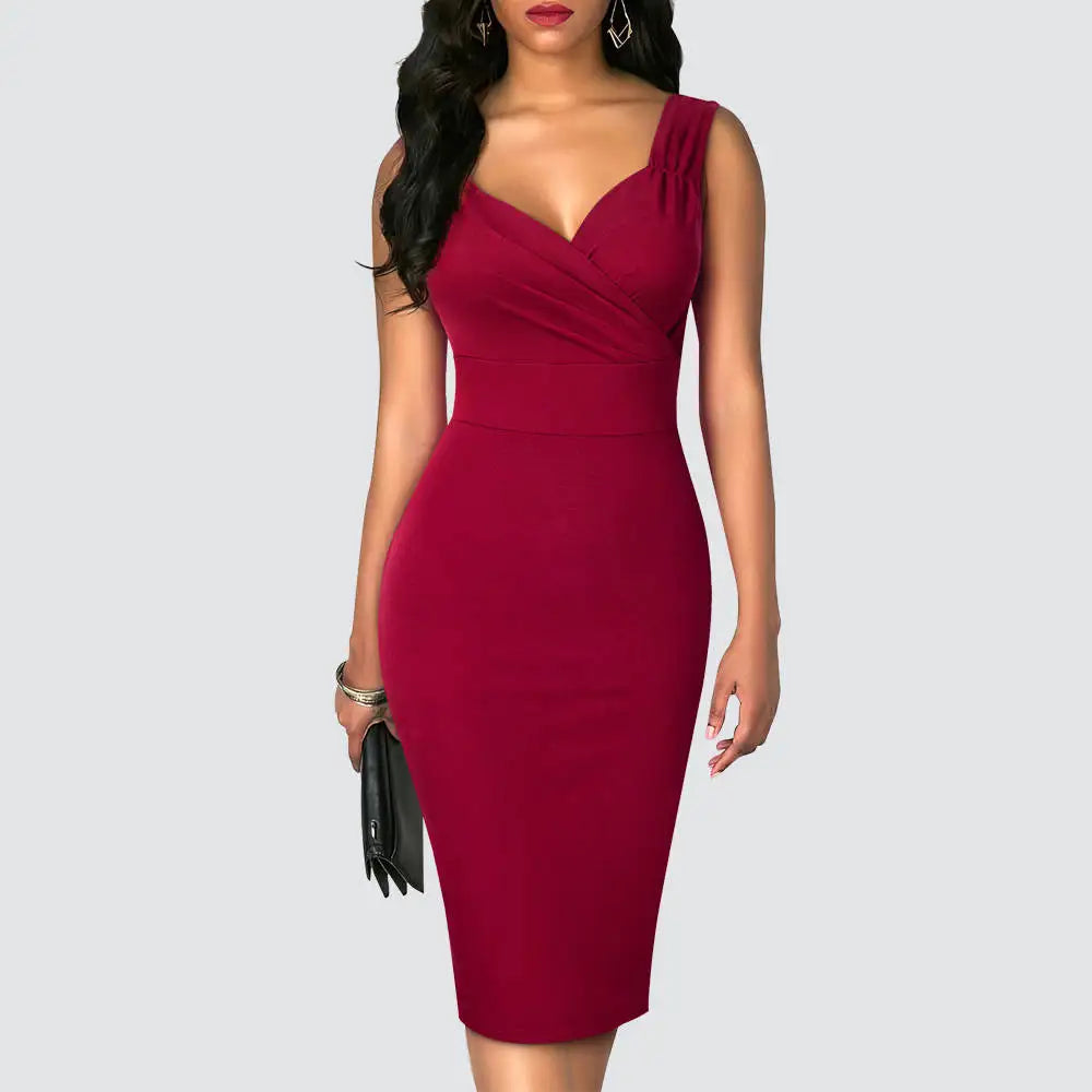 Women Ball Party Solid Color Sleeveless V Neck High Waist Lady Slim Pencil Knee Length Dress HB669