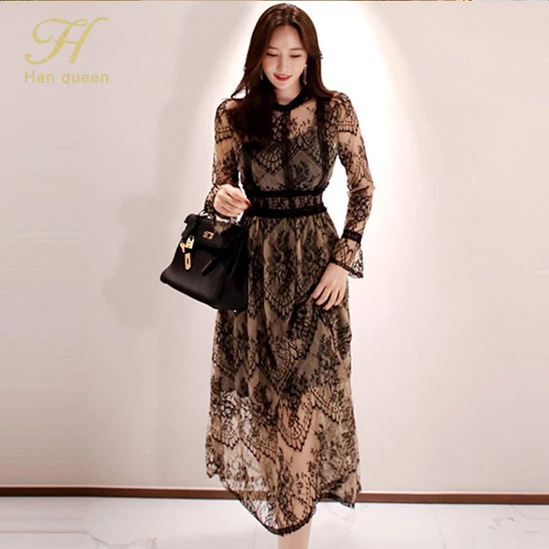 H Han Queen Hot sale Autumn Elegant Sexy Women Vintage Lace Dress Long Sleeve O-Neck Robe Femme High Waist Casual Party Dresses