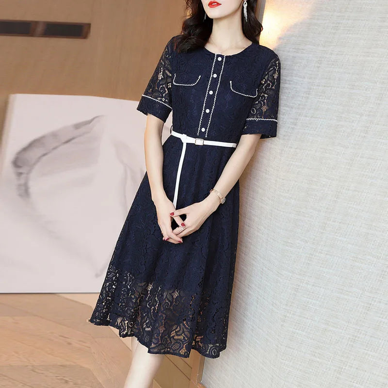 2023 spring and summer Dress new temperament was thin and sly in the air long A-line lace dress female