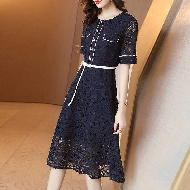 2023 spring and summer Dress new temperament was thin and sly in the air long A-line lace dress female