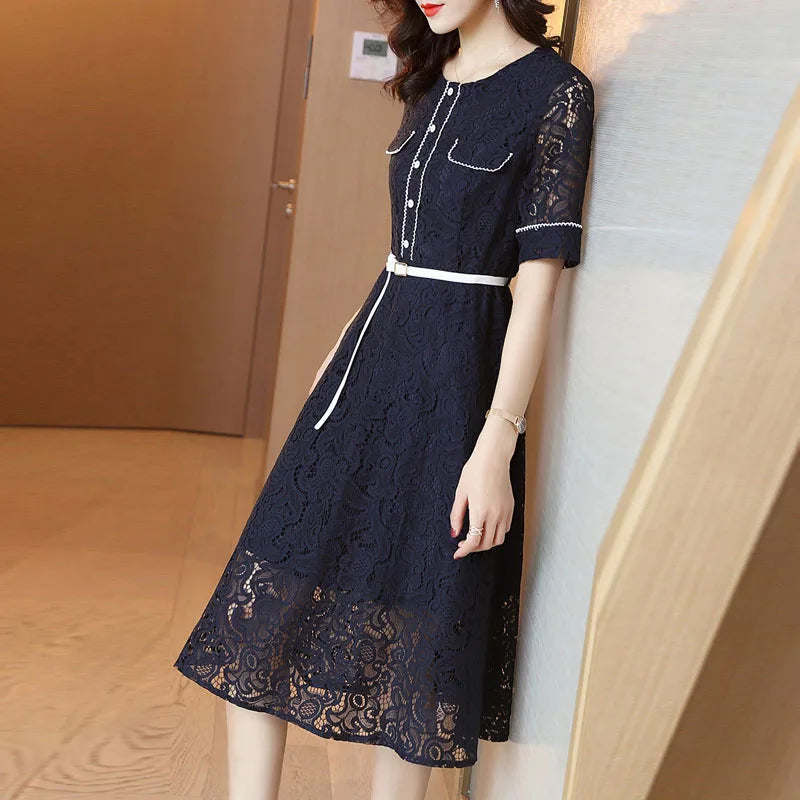 2023 spring and summer Dress new temperament was thin and sly in the air long A-line lace dress female