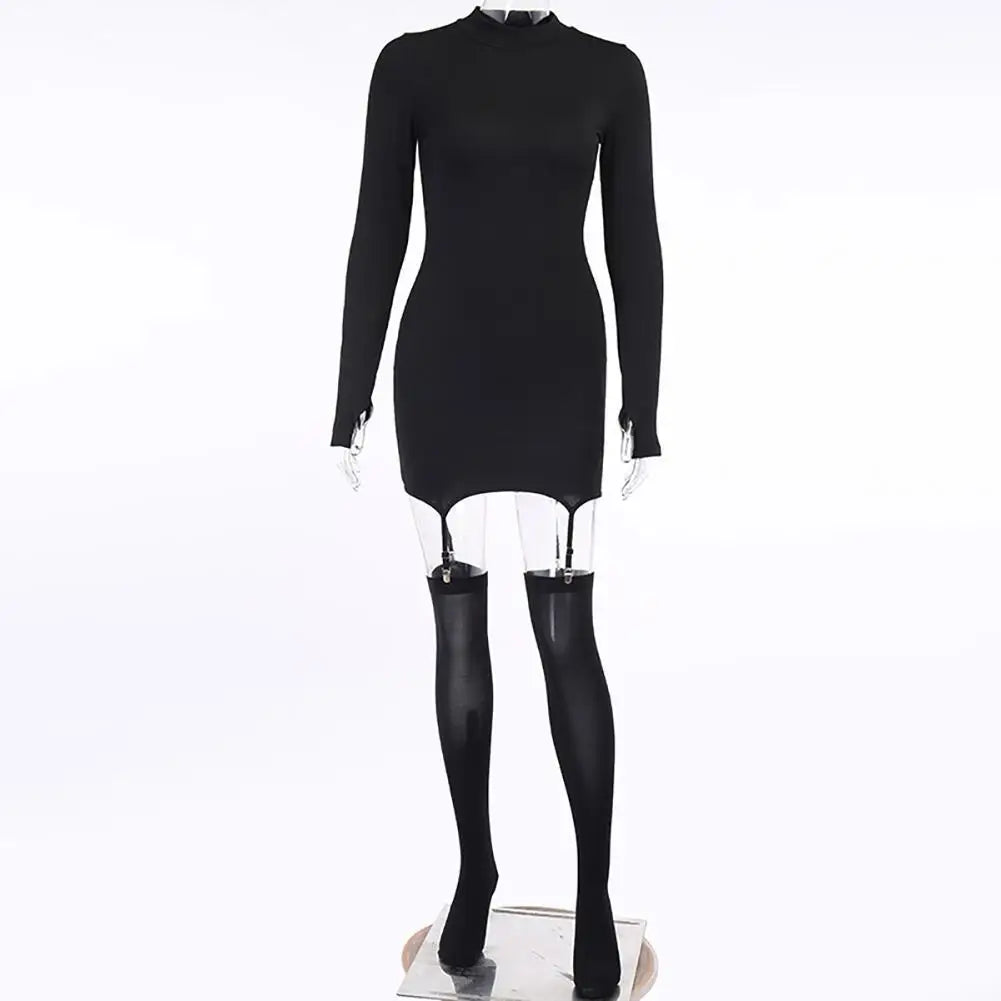 Women Sexy Dress Long Sleeve O-Neck Above Knee Dress Suspender Buckle Club Bodycon Mini Dress for Spring with Stockings