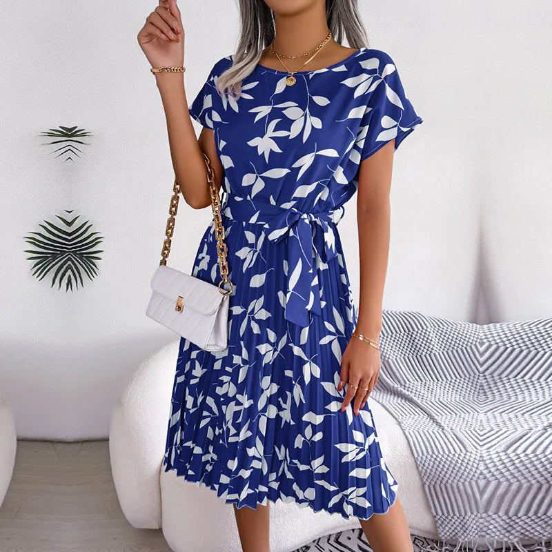 Women Spring Summer Short Sleeve High Waist Chic Dress Fashion Floral Pleated A Line Long Dress