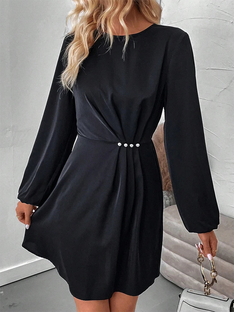 2024 Newest Women's Clothing Elegant Solid Color Long Sleeve High Neck High Waist Dress Waist Ruffle Design