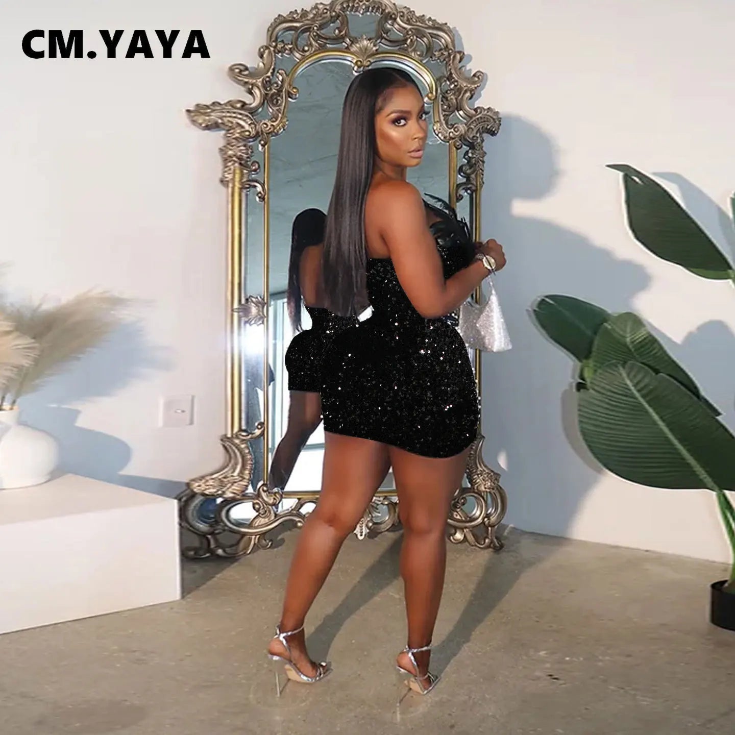 CM.YAYA Women Sequined Feather Mesh Strapless Plunging V-neck Bodycon Midi Dress 2024 Summer Sexy Party Evening Mini Dresses