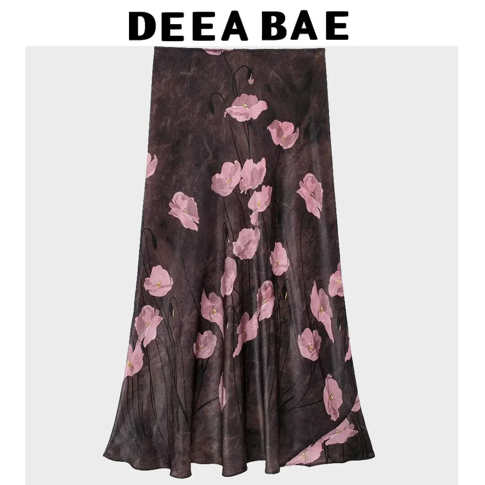 DEEABAE Elegant Party Dresses Women Are Fashionable, Versatile, High Waisted, Slimming, Silk Textured Printed Mid Skirt