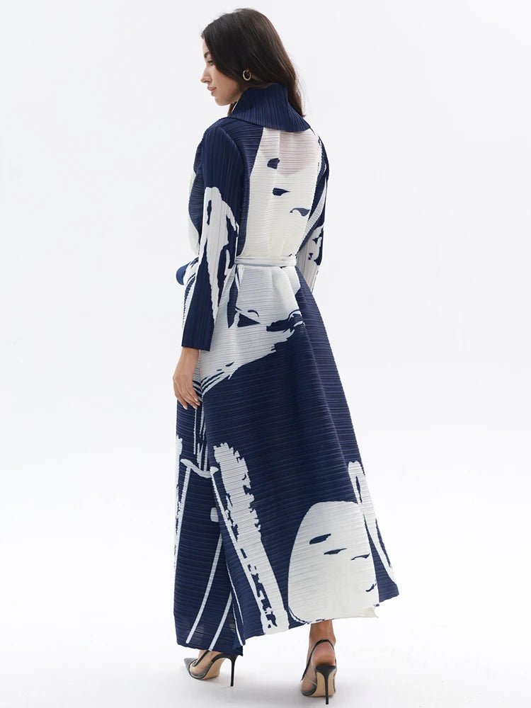 Miyake Pleated Long Sleeve Printed Dress Windbreak Women 2024 Winter New Original Designer Abayas Turndown Collar Belted Coats