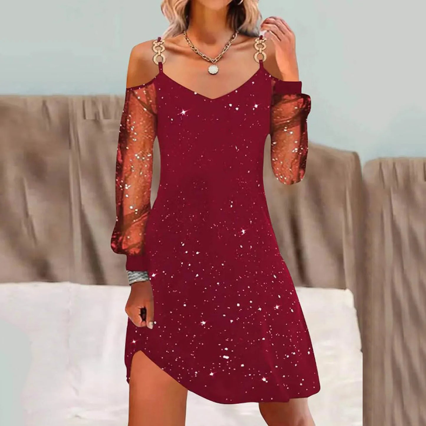 Women Popular Dress Christmas Fashion Solid Color Patchwork Mesh Long Sleeved Sparkly Dresses With Buckle Casual Vestidos