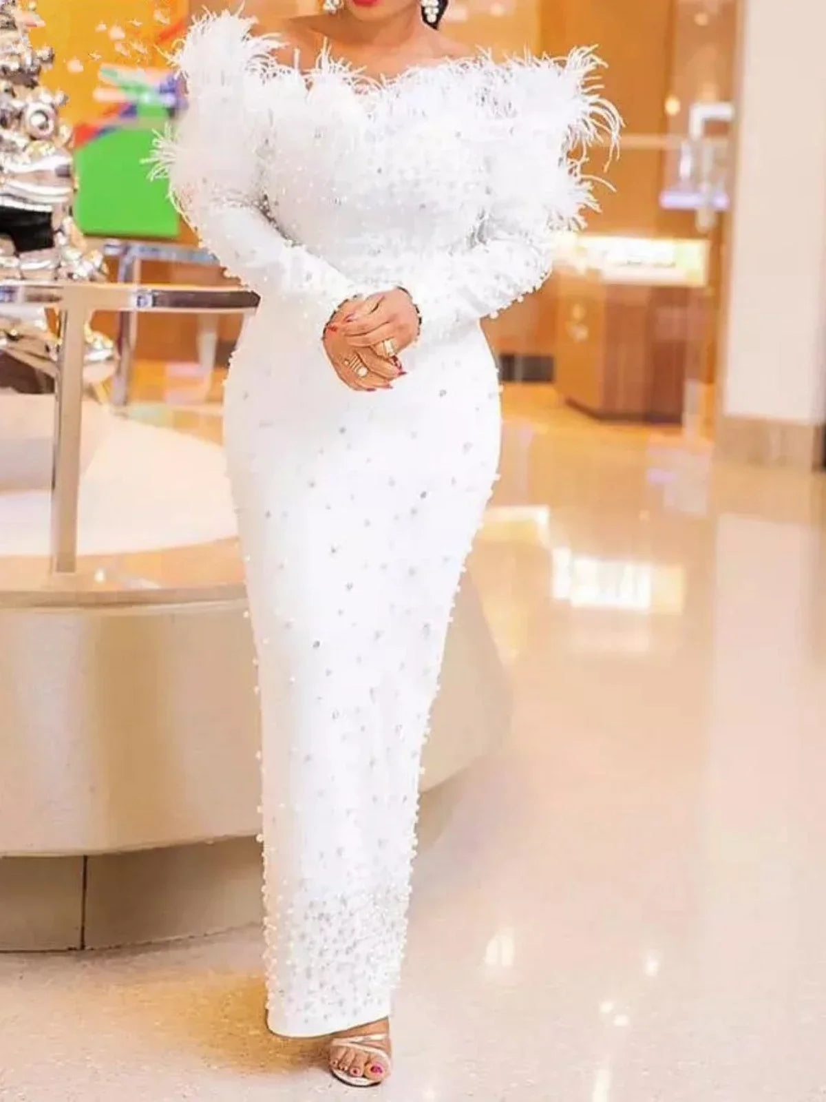 Evening Dress Long Sleeve Off Shoulder New White Beads Elegant  Women's Wear Slim Feather Neckline Beaded Dress Tassel Bandage