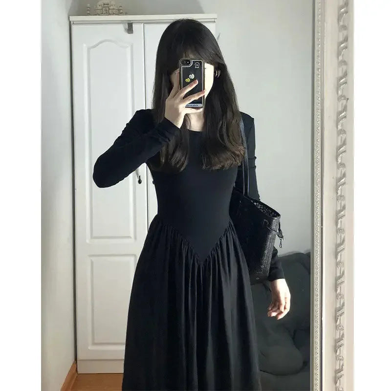 Elegant French Style Long Sleeve Black Dress For Women Korean Version 2024 Early Autumn Commuting A- line Inner Long Dress