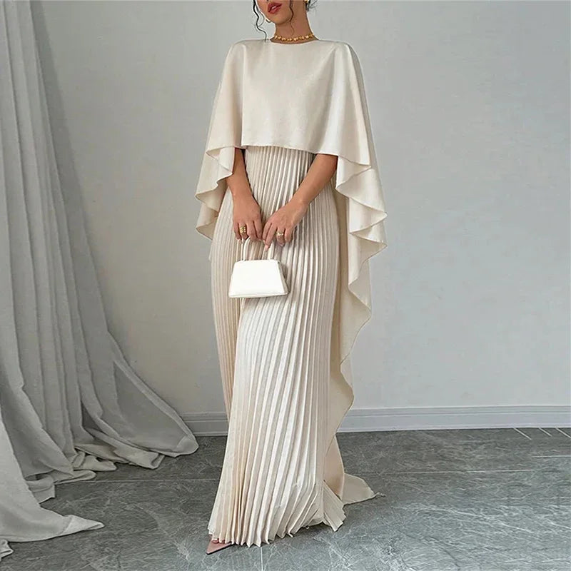 Women Elegant Crew Neck Irregular Shawl & Vest Pleated Dresses Autumn Solid Color Cloak 2 Piece Set Loose Evening Gown Vacation