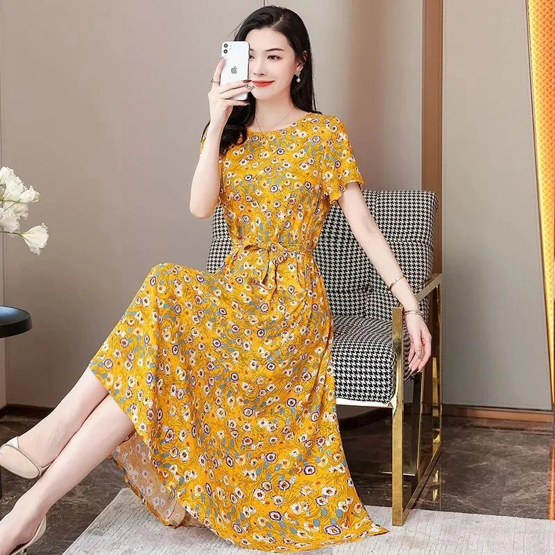 Short Sleeve Cotton Vintage Print Dresses for Women Casual Loose Long Summer Dress Vestidos De Fiesta Elegantes Para Mujer 2024