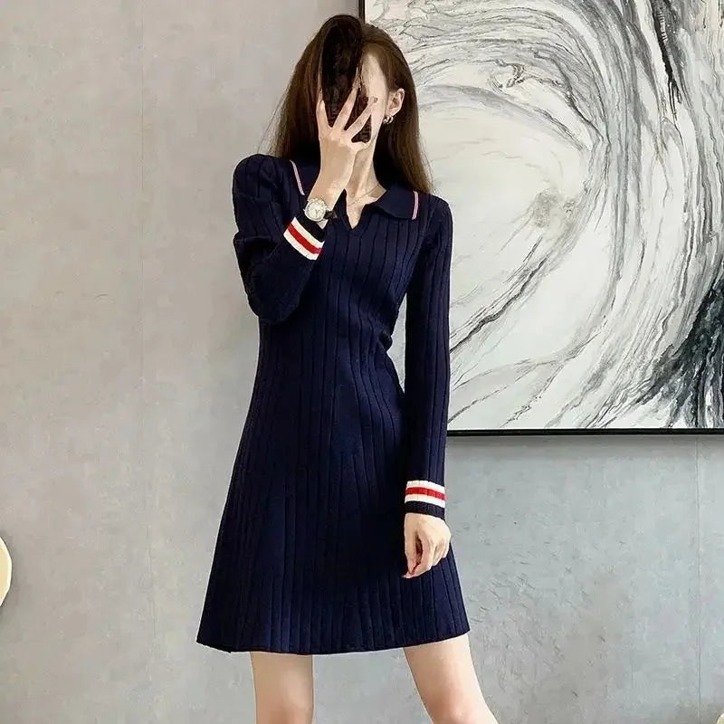 Autumn Winter Polo Collar Tweed Style Long Sleeve Knit Dress Slimming Casual Innerwear Sweater Skirt For Women