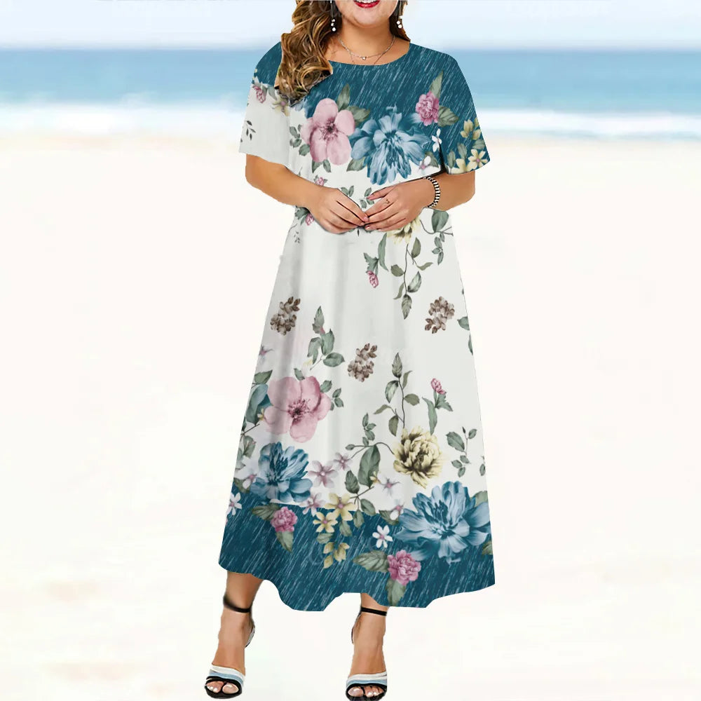 Elegant Fashions Womens Dresses Oversize Woman Dresses Clothing Round Neck Short Sleeves Long Dress Flowers Print Loose Pullover