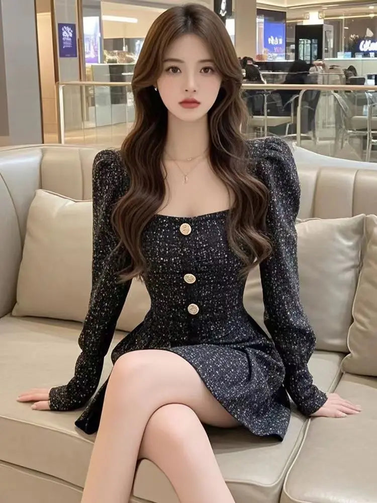 Black Square Neck Dress Women's New Style Light Luxury Waist Cinching Slimming A-line Short Skirt