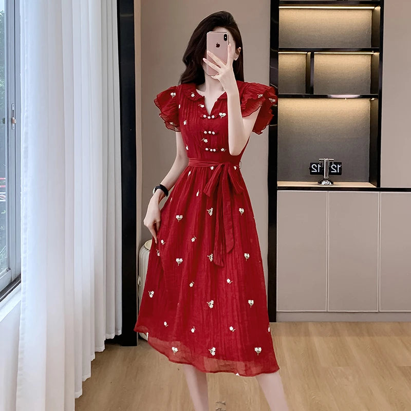 New Fashion Elegant Women V Neck Dress New French Summer Red Short Sleeve Lace Up Slim Waist Office Ladies A Line Vestidos