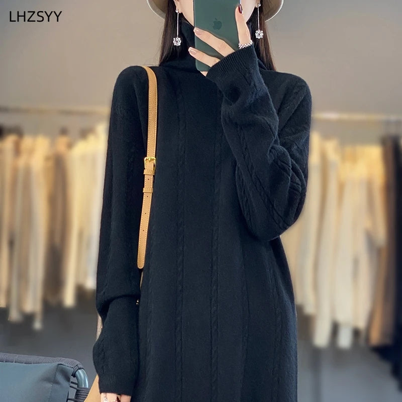 LHZSYY Turtleneck 100% Pure Wool Dress Women's New Autumn Winter Hip Wrap Knit Skirt High-End Sweaters Loose Cashmere Long Dress