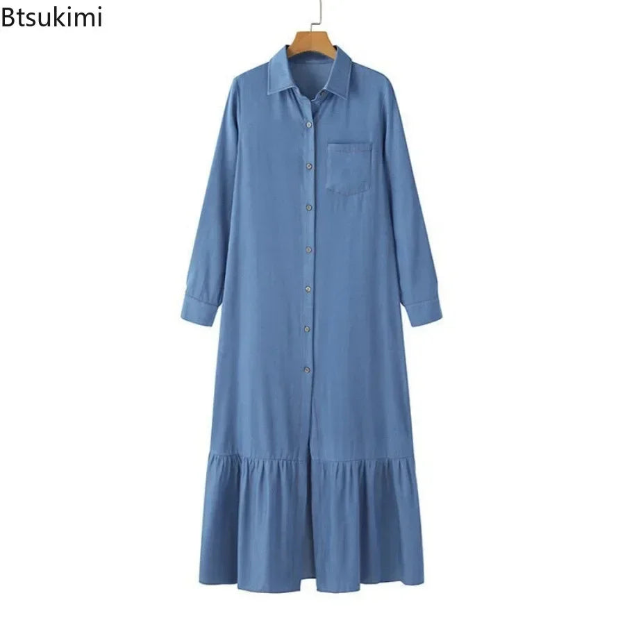 2025 Women's Casual Long Sleeve Jeans Dress Korean Fashion Ladies' Oversized Denim Dress Loose Elegant Beach Streetwear Dress