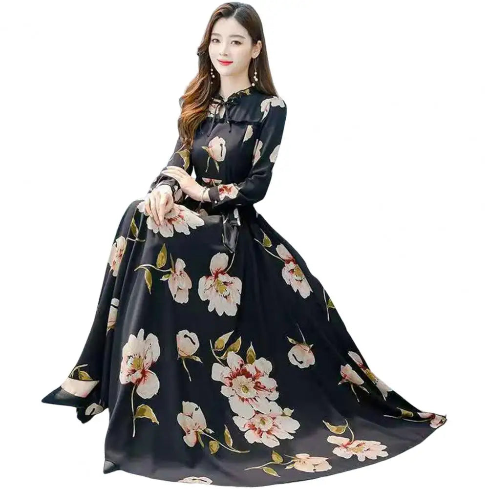 Women Maxi Dress Temperament Loose Hem Tight Waist Flower Print Lace Up Dress-up Long Sleeves A-line Banquet Dress Female Clothe