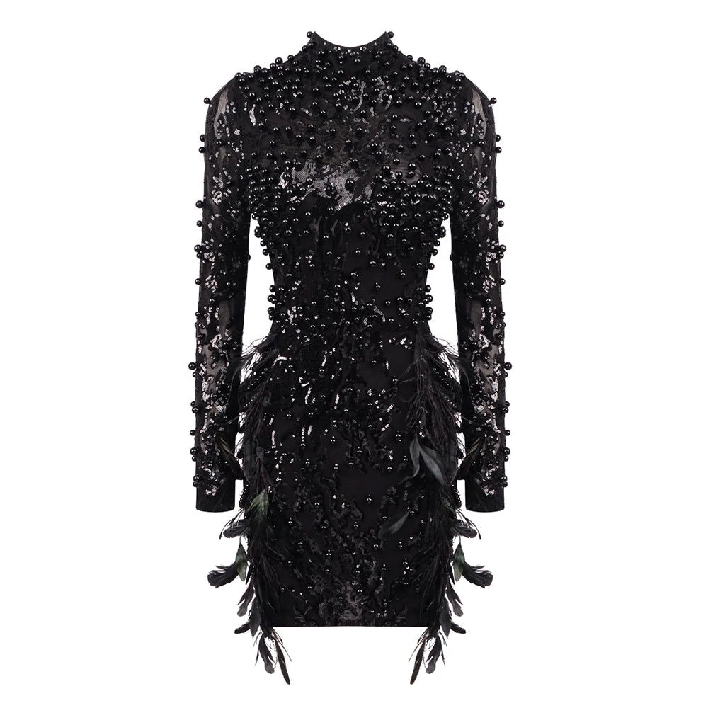 VC Black Long Sleeve Short Dress Turtle Neck Feather Pearl Embellished Handmade Beads Prom Celebrity Cocktail Party Evening Gown