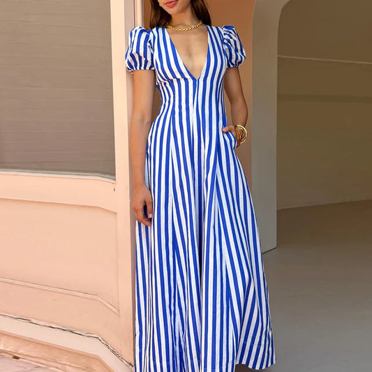 Fashion Holiday Beach Big Hem Dresses Female Striped Print High Waist A-line Long Dress Sexy Deep V Neck Puff Sleeve Party Dress