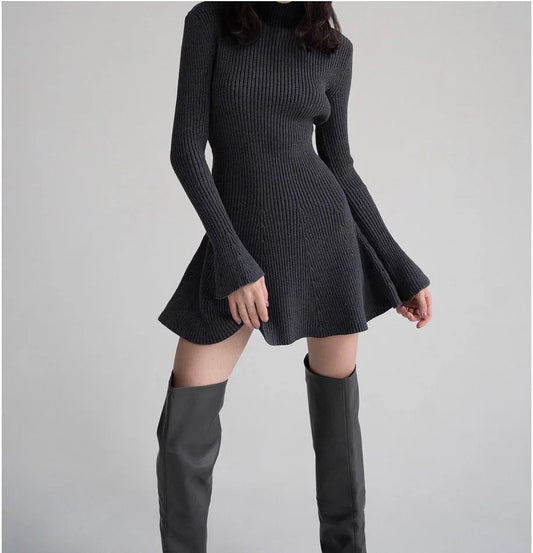 2023 Autumn and Winter Women's Fashion Sexy Dress Temperament High Neck Long Sleeve Waist Short Solid Color Knit Dress INS