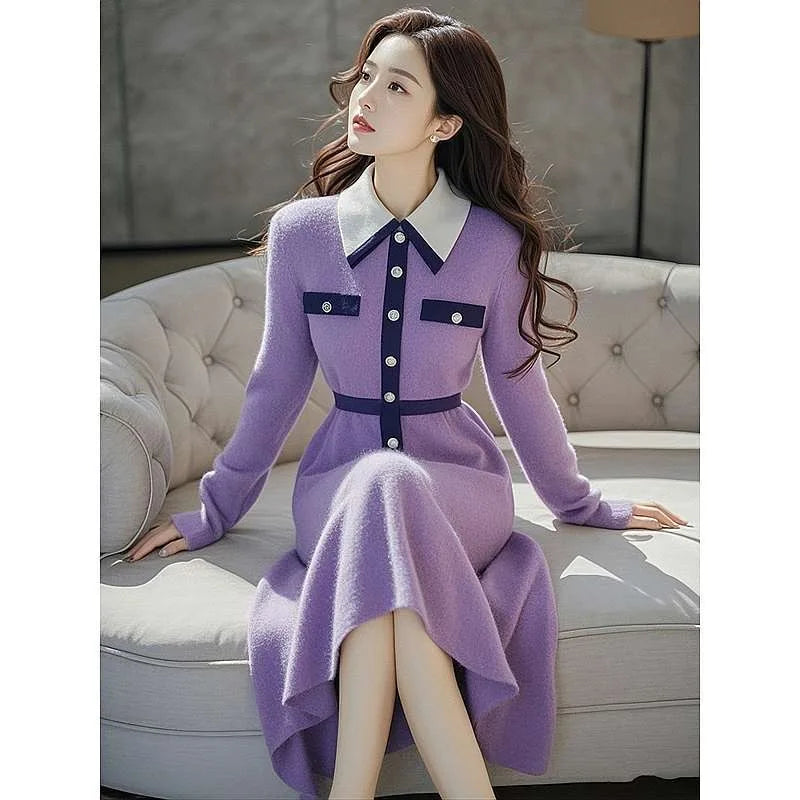 French Elegant Women Turn Down Collar Thick Knitting Sweater Dress New Autumn Winter Purple Hit Color Slim Elastic Midi Vestidos