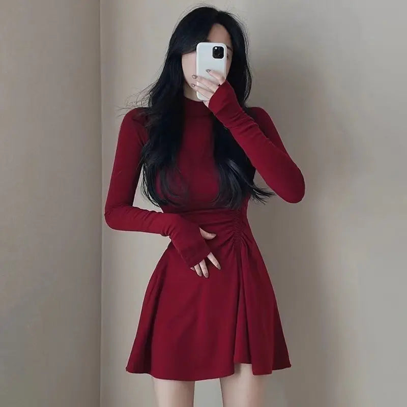 Spring Autumn Stylish Folds Dresses Waist Female Clothing Solid Color Basic Half High Collar Elegant A-Line Korean Mini Dress