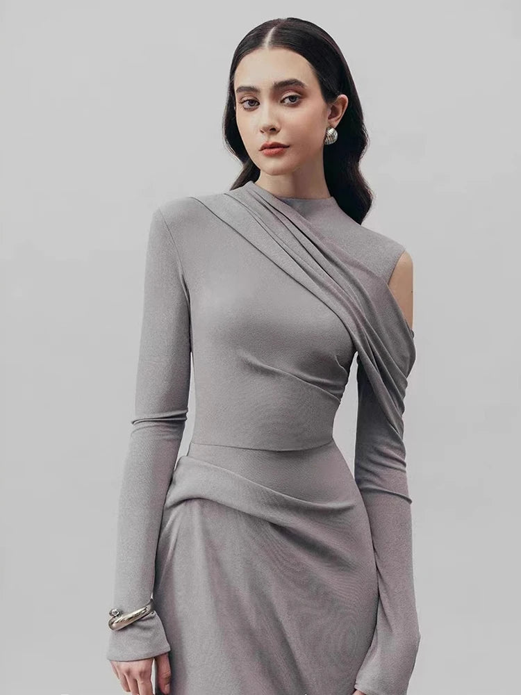 DEAT Elegant Dress Half High Collar Hollow Out Asymmetric Long Sleeves Mid-calf Women's Party Dresses 2025 Spring New 13DL999