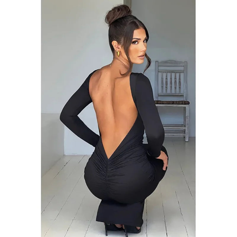 Women's Red Fashion Commuter Banquet ins Slim Long Sleeve Backless Sexy Package Hip Dresses