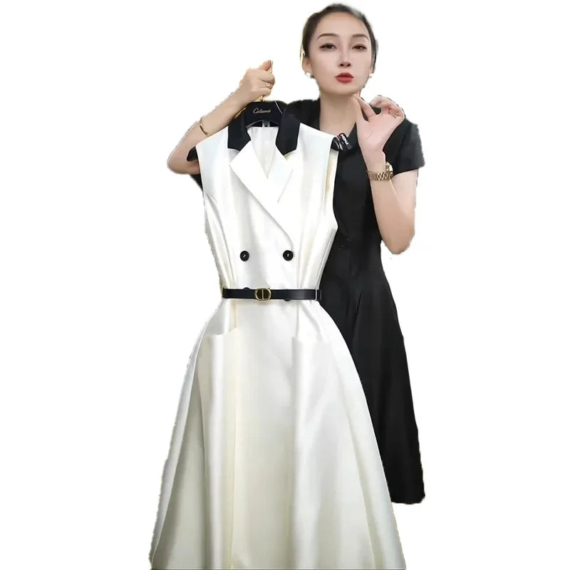 Elegantwhite Summer Women's Suit Dress 2024 New Style French Chic Tea Break Luxury White Sleeveless Fashion