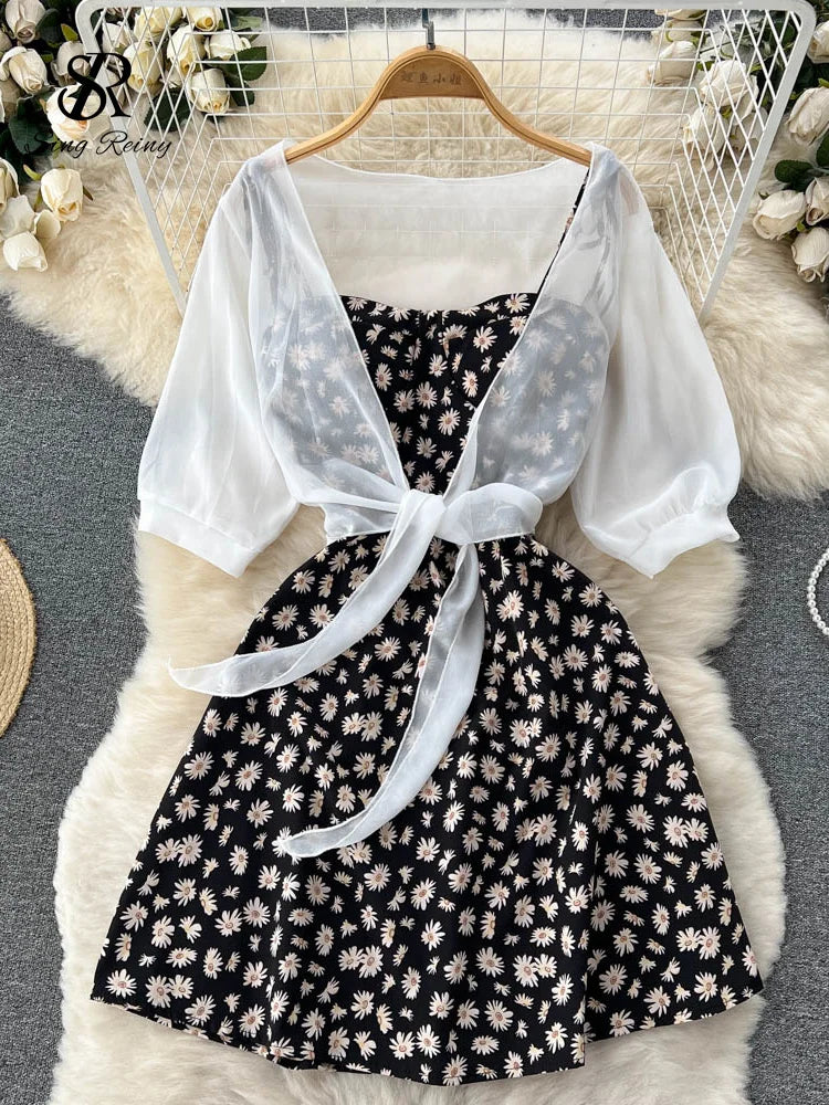 SINGREINY Floral Print Two Piece Dress Women Summer 2022 Slim Vacation Fashion Elegant Ladies A Line Beach Midi Dresses