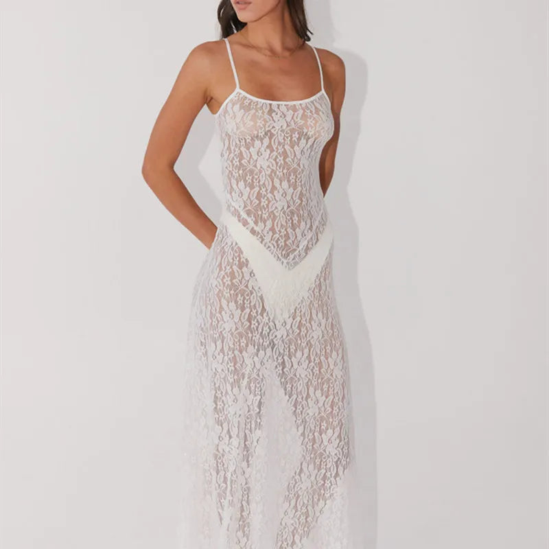 hirigin Sexy Women Lace Floral Long Dress Sexy Mesh See Through Summer Dress Sleeveless Strap White Beach Female Vestido 2024