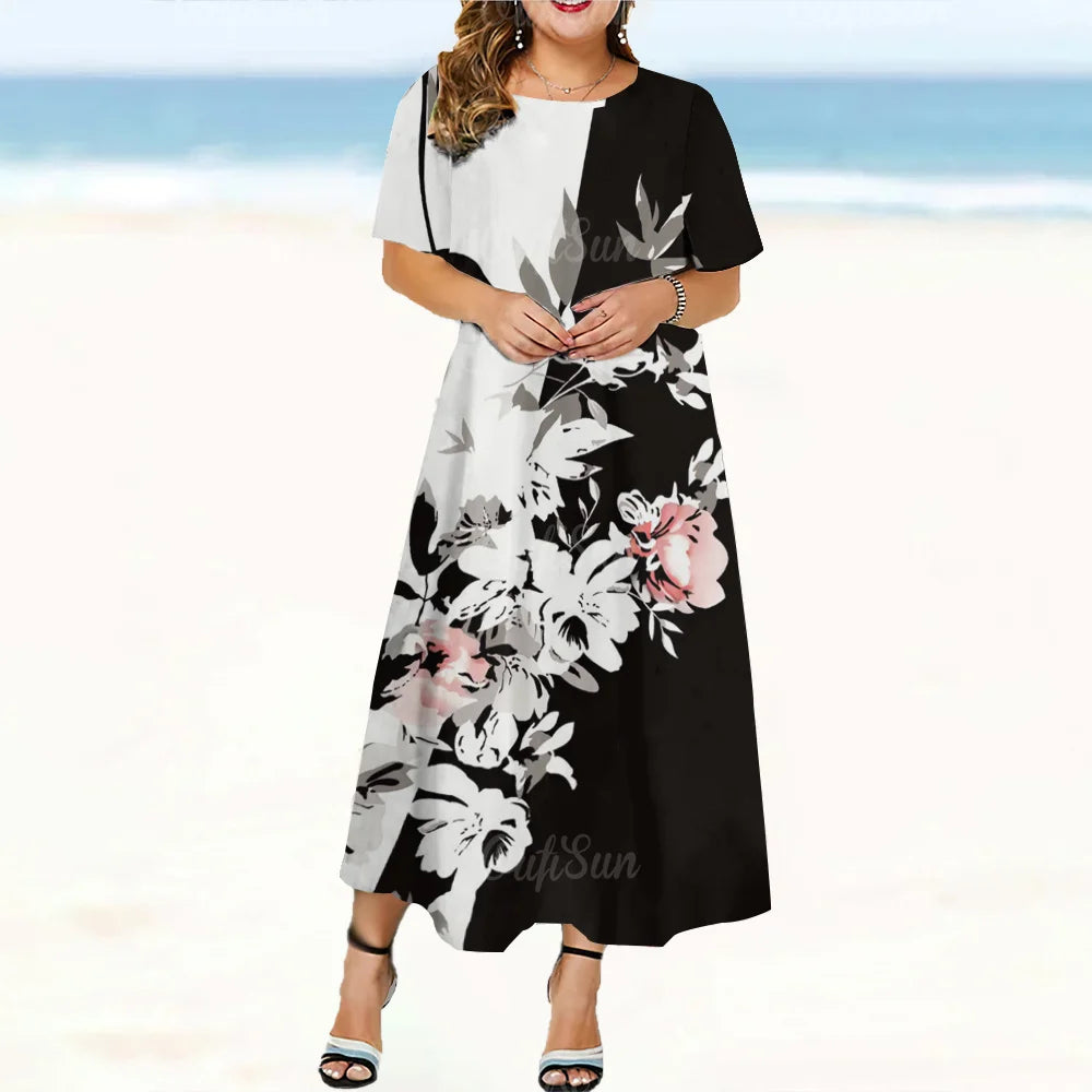 Elegant Fashions Womens Dresses Oversize Woman Dresses Clothing Round Neck Short Sleeves Long Dress Flowers Print Loose Pullover