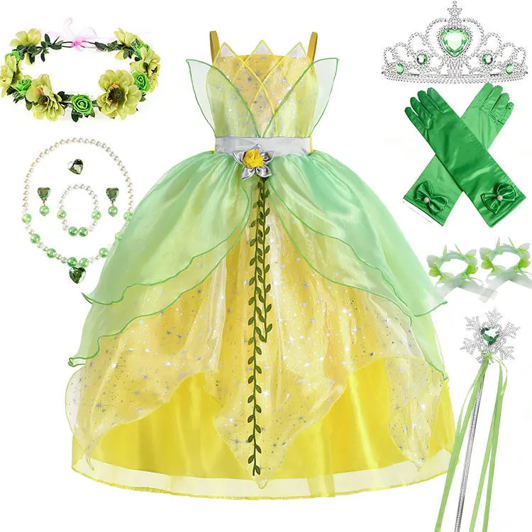 Classic Girls Fairy Tale Tiana Cosplay Costume Elegant Princess Green Party Dress Christmas Ball Gown Princess and Frog Vestidos