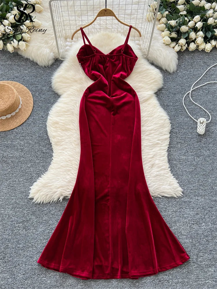 SINGRAIN Senior Evening Party Dress Spaghetti Strap Strapless Diamonds Design Women Elegant Fashion Bodycon Velvet Long Dress