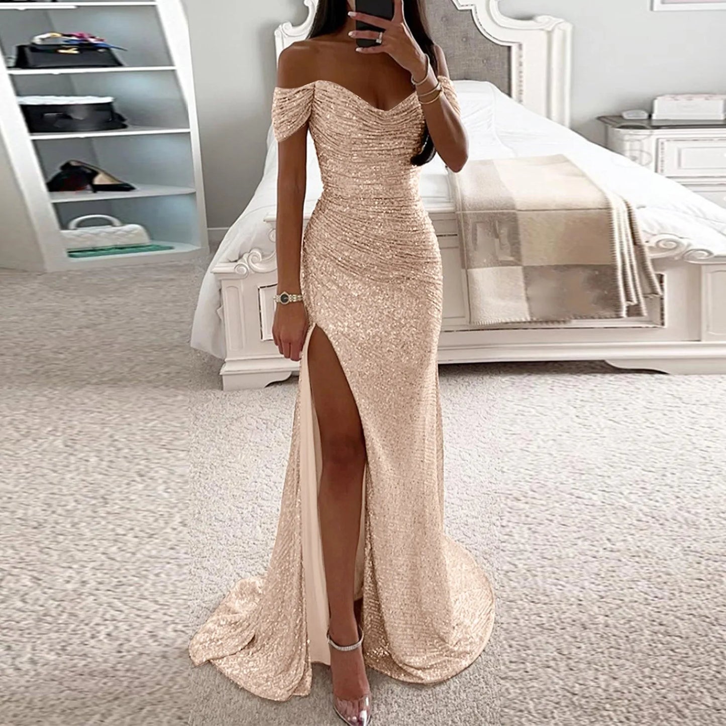 Chic and Elegant Women Evening Maxi Dresses 2024 Off-Shoulder Sequin Mermaid Prom Formal Gowns For Party Split Night Dress