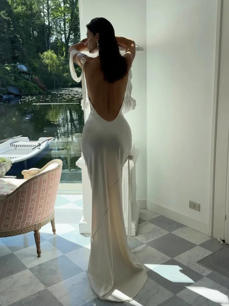 Women Chic Backless Slim Fit Long Gowns Elegant White Satin Lace-up Strappy Dresses 2025 Spring Ladies Holiday Beach Sexy Robes