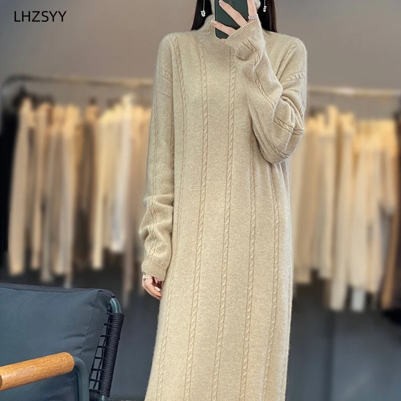 LHZSYY Turtleneck 100% Pure Wool Dress Women's New Autumn Winter Hip Wrap Knit Skirt High-End Sweaters Loose Cashmere Long Dress