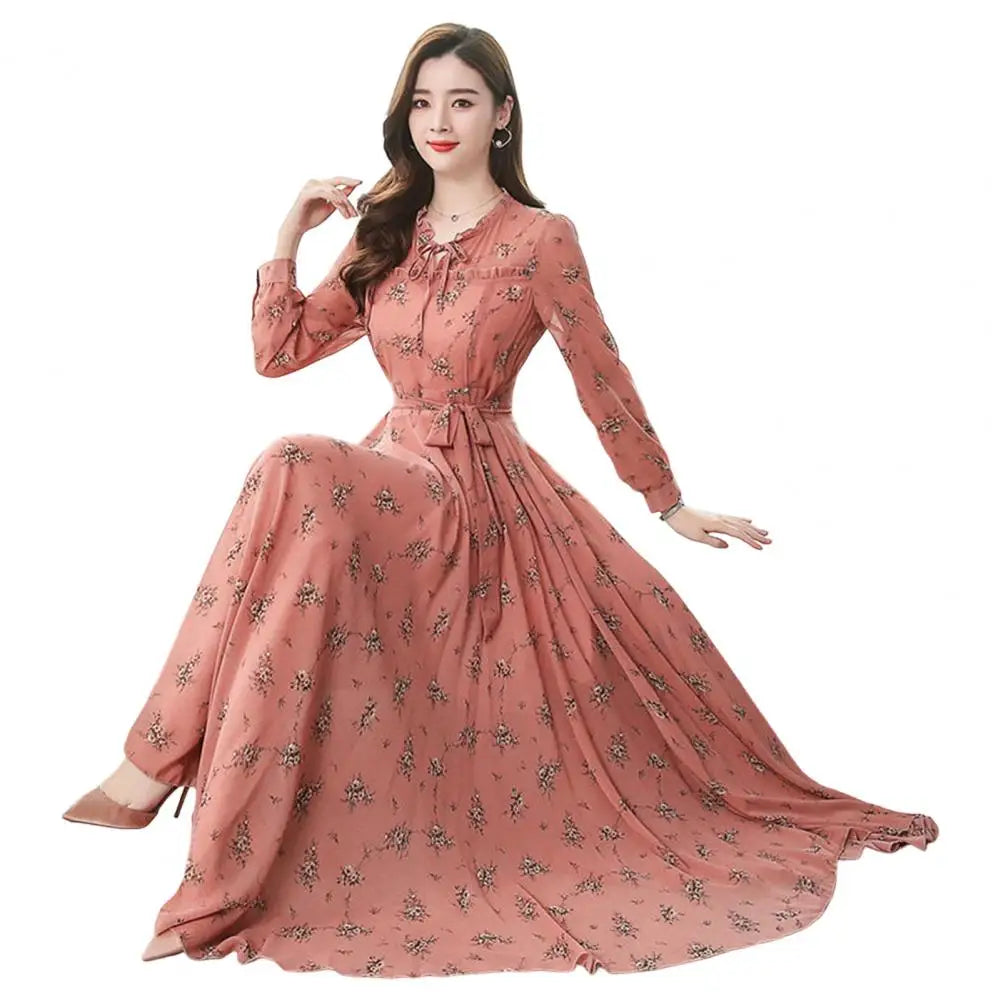 Women Maxi Dress Temperament Loose Hem Tight Waist Flower Print Lace Up Dress-up Long Sleeves A-line Banquet Dress Female Clothe