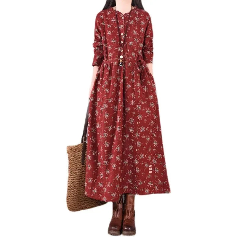 Chinese Style Cotton Linen Vintage Loose-Fit Fleece-Lined Thickened Long Sleeve Dress 2023 Winter New Women's Long Dress