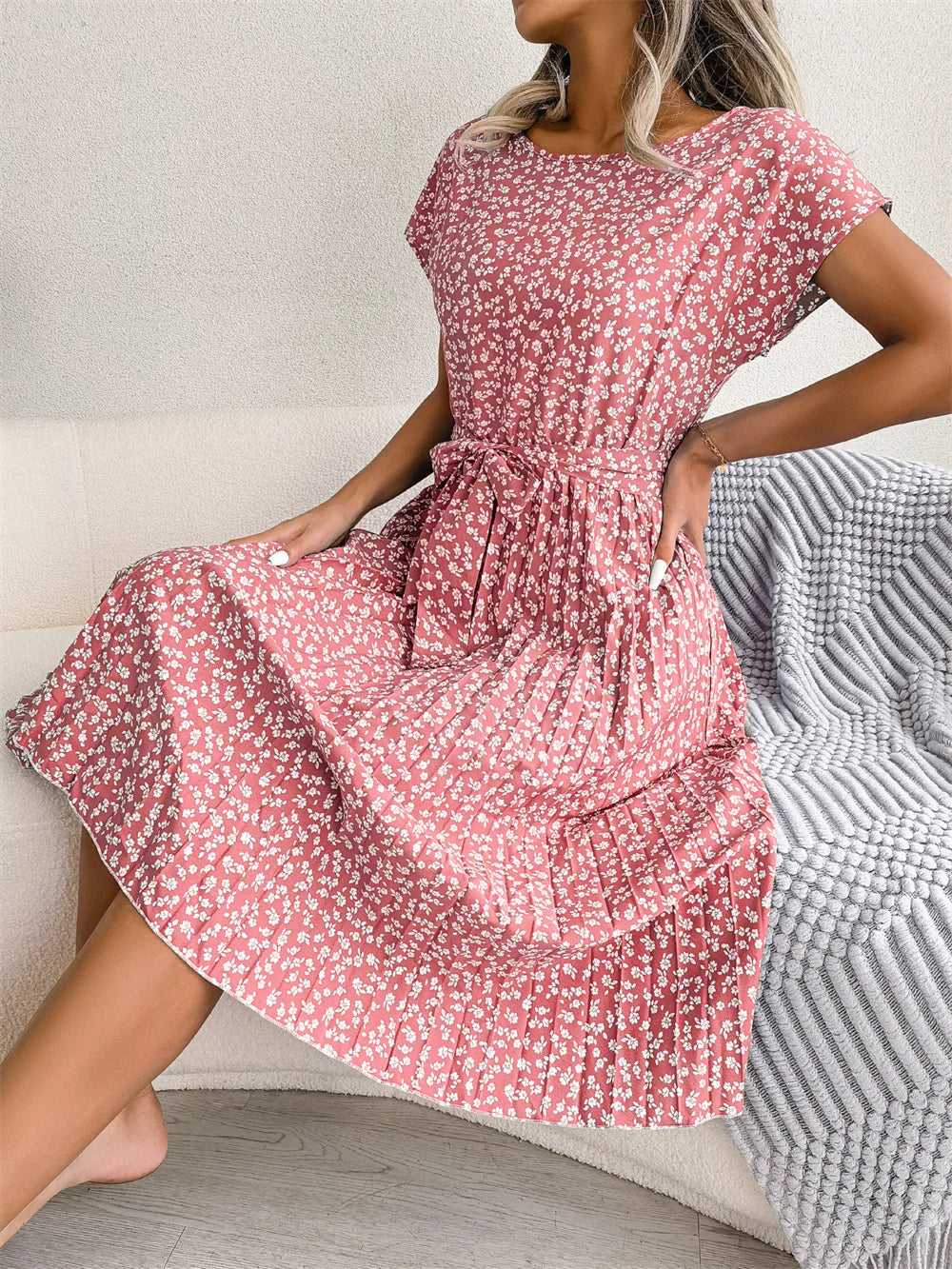 Women Spring Summer Short Sleeve High Waist Chic Dress Fashion Floral Pleated A Line Long Dress