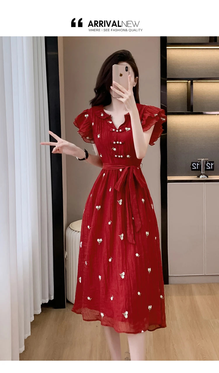 New Fashion Elegant Women V Neck Dress New French Summer Red Short Sleeve Lace Up Slim Waist Office Ladies A Line Vestidos