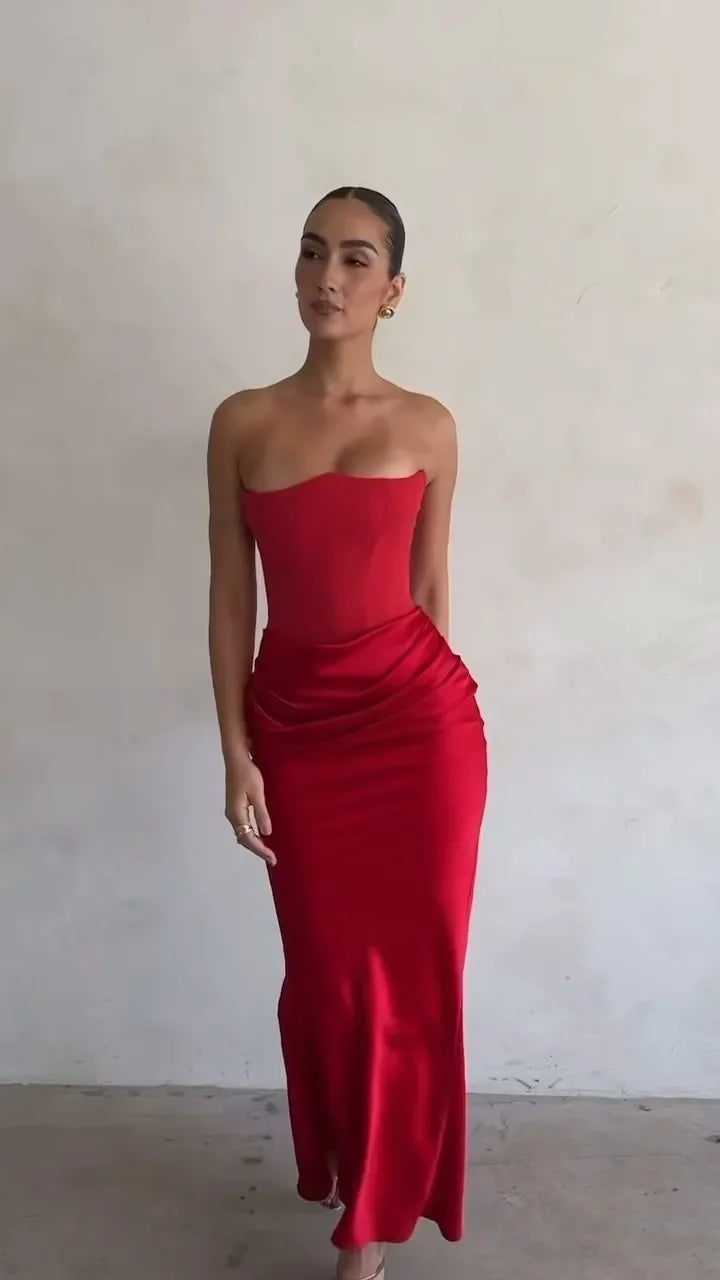 Elegant Red Off-shoulder Strapless Sexy Maxi Dress Women Fashion High Waist Pleated Vestidos New Female Evening Party Dresses