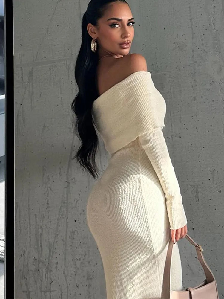 White Off Shoulder Knitted Maxi Dresses For Women Elegant Long Sleeve Pleated Backless Slim Sweater Dress Lady Night Party Robes