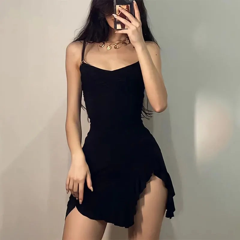 Summer Sexy Mini Dress Women Sleeveless Streetwear Strap Backless Bodycon Folds Split Dress Party Club Elegant A- LINE Dresses